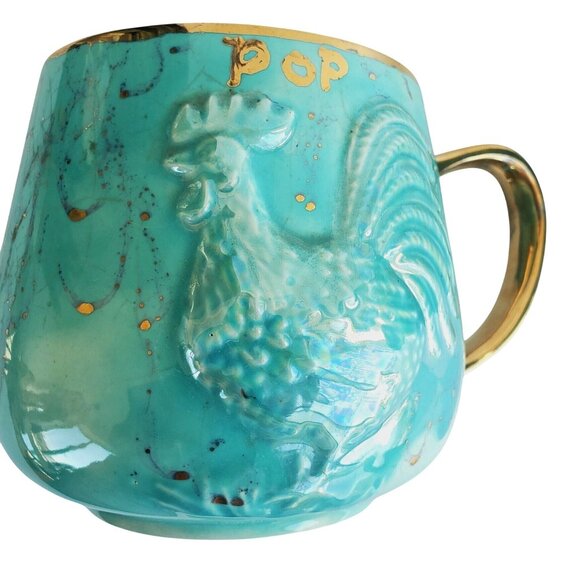 Kitsch Mugs 60s Vintage Ceramic Mom & Pop Rooster Hen Cups Turquoise Gold 24 oz - Picture 4 of 11
